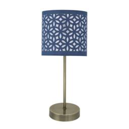 First Choice Lighting Antique Brass Stick Table Lamp with Navy Blue Laser Cut Shade in Bronze