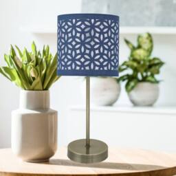 First Choice Lighting Antique Brass Stick Table Lamp with Navy Blue Laser Cut Shade in Bronze - thumbnail 2