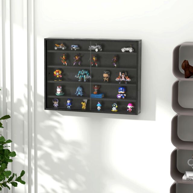 HOMCOM 5-Tier Wall Mounted Cabinet Display Shelf Unit w/ Adjustable Shelves Glass Doors in Black - Size: Small - image 1