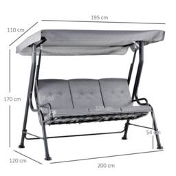 OUTSUNNY Outdoor 3-person Garden Metal Padded Porch Swing Chair Bench in Grey - thumbnail 3