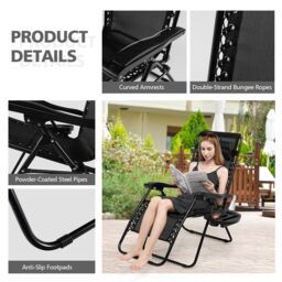 Costway Set of 2 Folding Zero Gravity Chairs Outdoor Patio Recliners Removable Headrests in Black - thumbnail 5