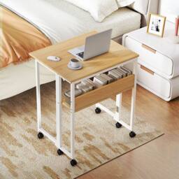 Levede Foldable Computer Desk Folding Table with Shelf Wheels for Small Space in Light Oak - thumbnail 2