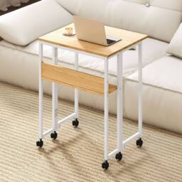 Levede Foldable Computer Desk Folding Table with Shelf Wheels for Small Space in Light Oak - thumbnail 3