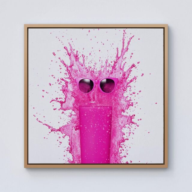Warren Reed - Designer Pink Splashart Glass With Glasses Framed Canvas in Light Brown - Size: w40 inch x h40 inch - image 1