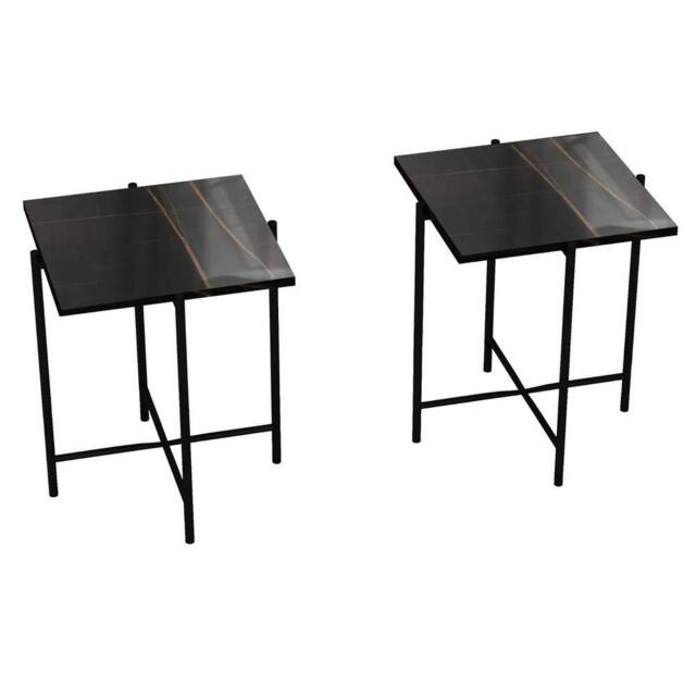 Havendro Black Square Set of 2 Marble Effect Coffee Tables Metal Frame - image 1
