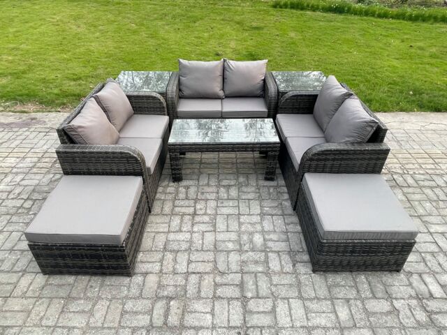 Fimous Outdoor Garden Furniture Sets 8 Seater Wicker Rattan Furniture Sofa Sets with Rectangular Coffee Table Love seat Sofa 2 Big Footstool - image 1
