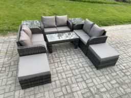 Fimous Outdoor Garden Furniture Sets 8 Seater Wicker Rattan Furniture Sofa Sets with Rectangular Coffee Table Love seat Sofa 2 Big Footstool - thumbnail 2