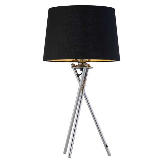 First Choice Lighting Tripod - Chrome Lamp with Black & Gold Fabric Shade in Silver - image 1