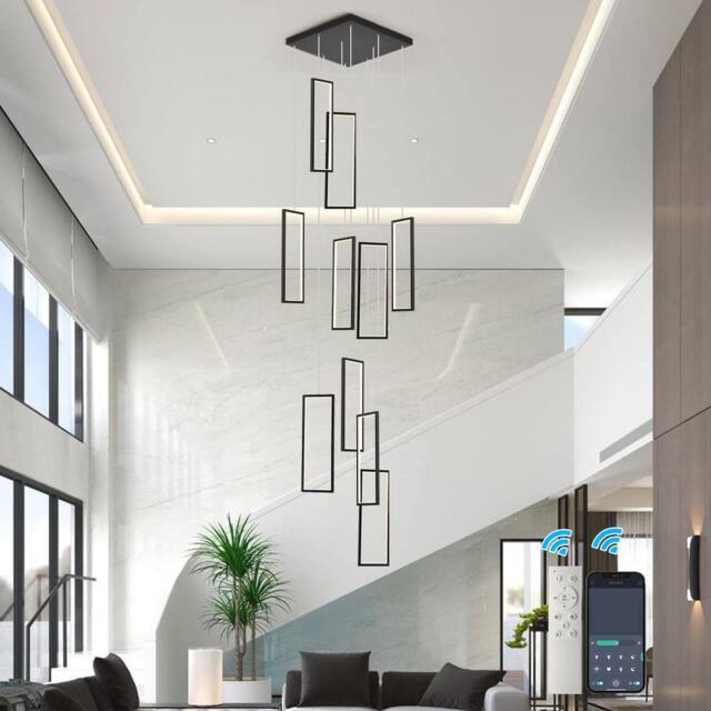 NIVOR 10 LED High Ceiling Staircase Chandelier Dimmable LED Pendant Lamp in Black - image 1