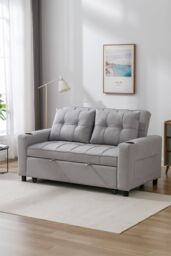 More4Homes Hudson 2-Seater Sofa Bed Linen Fabric with Cup Holders in Light Grey - thumbnail 1