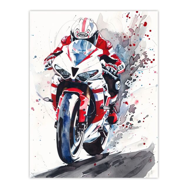 "Artery8 Superbike Motorcycle Rider Race Sport Watercolour Wall Art Print in Red - Size: W18"" x H24""" - image 1