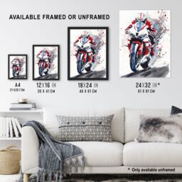 "Artery8 Superbike Motorcycle Rider Race Sport Watercolour Wall Art Print in Red - Size: W18"" x H24""" - thumbnail 3