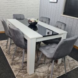 KOSY KOALA Modern White & Black Dining Table Set With 6 Grey Velvet Chairs Dining Room Furniture - Size: 140 cm x 80 cm - thumbnail 2