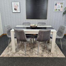 KOSY KOALA Modern White & Black Dining Table Set With 6 Grey Velvet Chairs Dining Room Furniture - Size: 140 cm x 80 cm - thumbnail 1