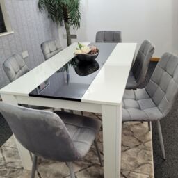 KOSY KOALA Modern White & Black Dining Table Set With 6 Grey Velvet Chairs Dining Room Furniture - Size: 140 cm x 80 cm - thumbnail 4