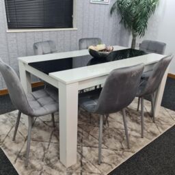 KOSY KOALA Modern White & Black Dining Table Set With 6 Grey Velvet Chairs Dining Room Furniture - Size: 140 cm x 80 cm - thumbnail 3