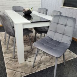 KOSY KOALA Modern White & Black Dining Table Set With 6 Grey Velvet Chairs Dining Room Furniture - Size: 140 cm x 80 cm - thumbnail 6
