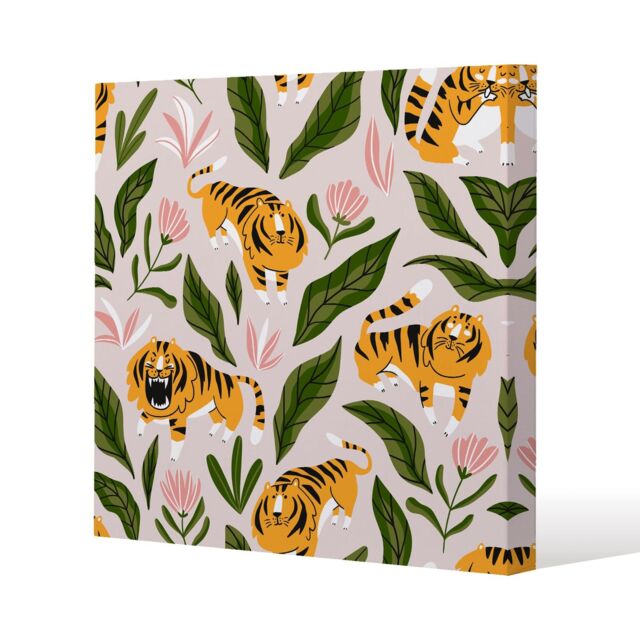 Benjamin Tate Design cute tigers & tropical leaves & flowers (Canvas Print) / 61 x 61 x 4cm in Natural - Size: 61 x 61 x 4 cm - image 1