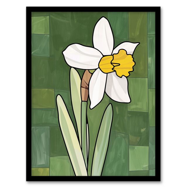 Artery8 Daffodil Flower Bloom Green Stylised Painting Framed Art Print - Size: A4 - image 1