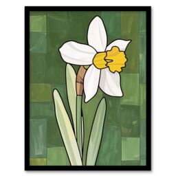 Artery8 Daffodil Flower Bloom Green Stylised Painting Framed Art Print - Size: A4 - thumbnail 1