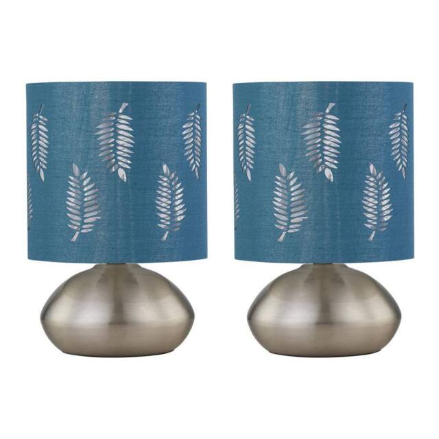 First Choice Lighting Set of 2 Jenson - Brushed Chrome Touch Table Lamps Teal Fern Shade in Silver - image 1