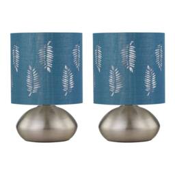 First Choice Lighting Set of 2 Jenson - Brushed Chrome Touch Table Lamps Teal Fern Shade in Silver - thumbnail 1