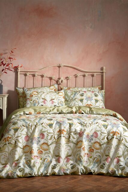 Edinburgh Weavers Songbird Floral Birds Luxury Cotton Piped Duvet Cover Set in Stone - Size: Double