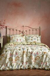 Edinburgh Weavers Songbird Floral Birds Luxury Cotton Piped Duvet Cover Set in Stone - Size: Double - thumbnail 1