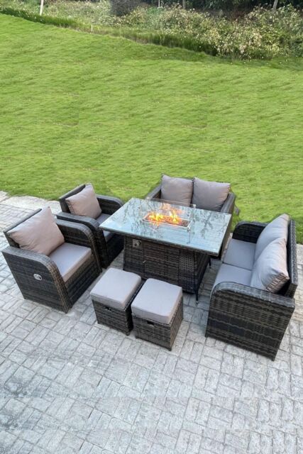 Fimous Outdoor Rattan Fire Pit Dining Table Gas Heater 2 Recling Chairs 2 Seater Love Sofa Footstools 8 Seater in Dark Grey - image 1