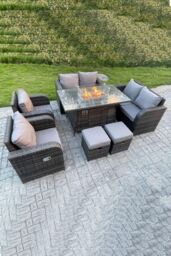 Fimous Outdoor Rattan Fire Pit Dining Table Gas Heater 2 Recling Chairs 2 Seater Love Sofa Footstools 8 Seater in Dark Grey - thumbnail 3