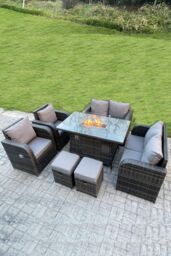 Fimous Outdoor Rattan Fire Pit Dining Table Gas Heater 2 Recling Chairs 2 Seater Love Sofa Footstools 8 Seater in Dark Grey - thumbnail 1
