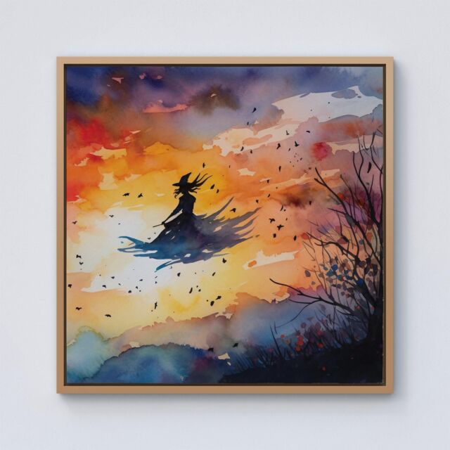 "Warren Reed - Designer A Mesmerizing Watercolor Artwork Featuring A Graceful Witch Framed Canvas in Light Brown - Size: W16"" x H16""" - image 1