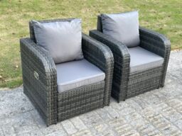 Fimous 2 PC Dark Grey Mixed Curved Rattan Adjustable Reclining Arm Chair Sofa Outdoor Garden Furniture Accesory - thumbnail 3