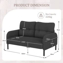 Direct Wicker Corduroy Two-Seater Sofa, Soft Loveseat for Living Room, Velvet Fabric in Dark Grey - Size: 1 Pack - thumbnail 2