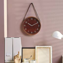 Wyld and Coco Heritage Home Wall Clock - Brown MDF Faux Leather Hanger 26 cm