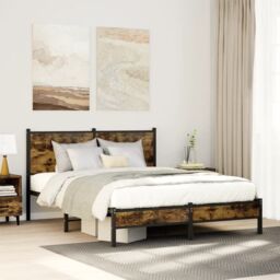 Berkfield Home Metal Bed Frame without Mattress Smoked Oak 140x190 cm in Brown - thumbnail 1