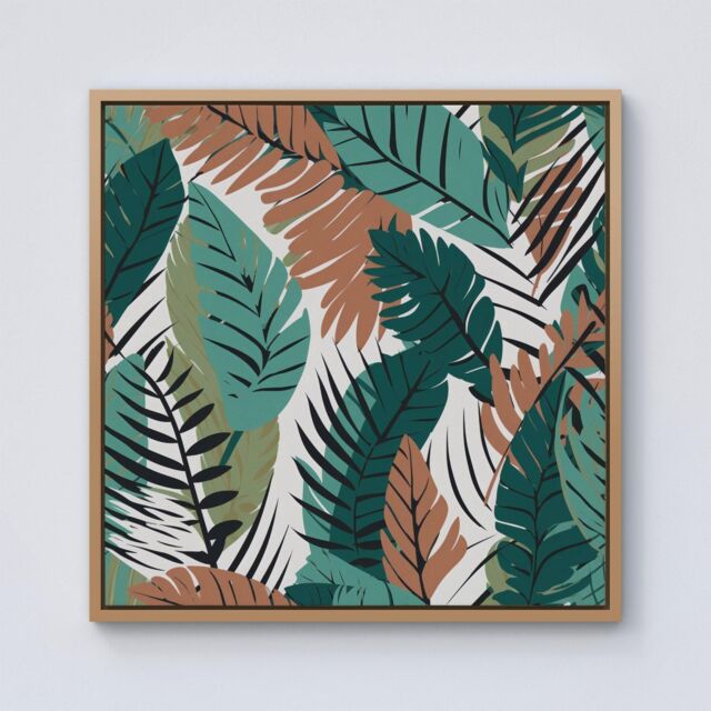 "Warren Reed - Designer Tropical Floral Leaves Green Brown Framed Canvas in Light Brown - Size: W30"" x H30""" - image 1