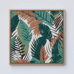 "Warren Reed - Designer Tropical Floral Leaves Green Brown Framed Canvas in Light Brown - Size: W30"" x H30""" - thumbnail 1