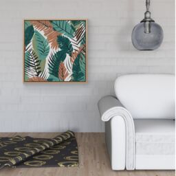 "Warren Reed - Designer Tropical Floral Leaves Green Brown Framed Canvas in Light Brown - Size: W30"" x H30""" - thumbnail 2
