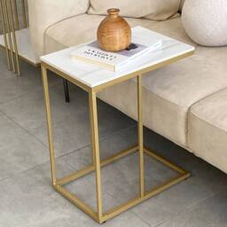KORVIXA C Side Coffee End Table Over Bed Laptop Table With Gold Metal Legs in White - Size: 100 cm x 100 cm - thumbnail 3