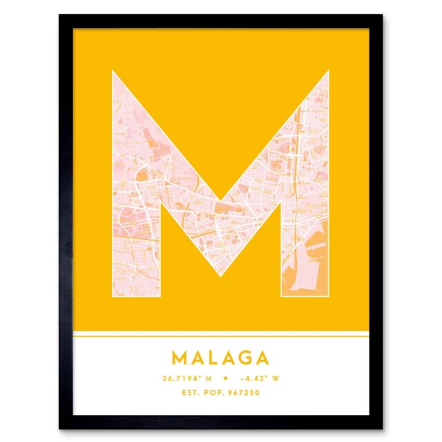 "Wee Blue Coo Wall Art Print Malaga Spain City Map Modern Typography Stylish Letter Framed Word in Yellow - Size: W12"" x H16""" - image 1
