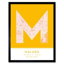 "Wee Blue Coo Wall Art Print Malaga Spain City Map Modern Typography Stylish Letter Framed Word in Yellow - Size: W12"" x H16""" - thumbnail 1