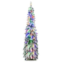 Gymax 5FT Pre-lit Christmas Tree Snow-flocked Xmas Tree 334 Tips & 11 Lighting Modes in Green - thumbnail 1