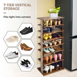 Costway 7 Tiers Double Shoe Rack Entryway Tall Display Shelf Vertical Corner Shoe Stand Shelf for 14 Pairs in Brown - thumbnail 6