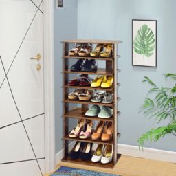 Costway 7 Tiers Double Shoe Rack Entryway Tall Display Shelf Vertical Corner Shoe Stand Shelf for 14 Pairs in Brown - thumbnail 2