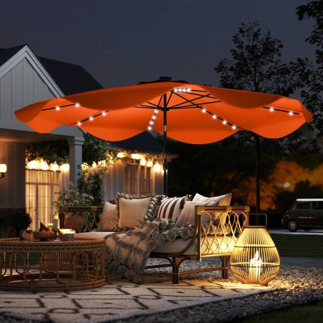 OUTSUNNY Garden Parasol Umbrella with LED Lights & Tilt, Table Umbrella in Orange - image 1
