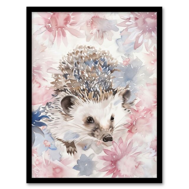 "Artery8 Watercolour Hedgehog & Flowers Pink Pastel Framed Art Print - Size: W12"" x H16""" - image 1