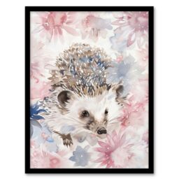 "Artery8 Watercolour Hedgehog & Flowers Pink Pastel Framed Art Print - Size: W12"" x H16""" - thumbnail 1
