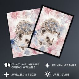 "Artery8 Watercolour Hedgehog & Flowers Pink Pastel Framed Art Print - Size: W12"" x H16""" - thumbnail 2