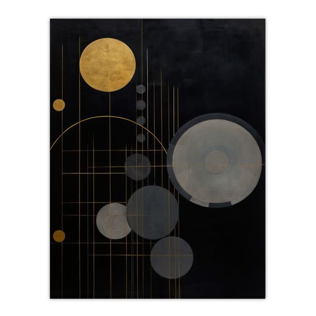 "Wee Blue Coo Wall Art Print Golden Soot Abstract Geometric Oil Painting Planet Orbits Vertical Solar System Poster in Black - Size: W24"" x H32""" - image 1